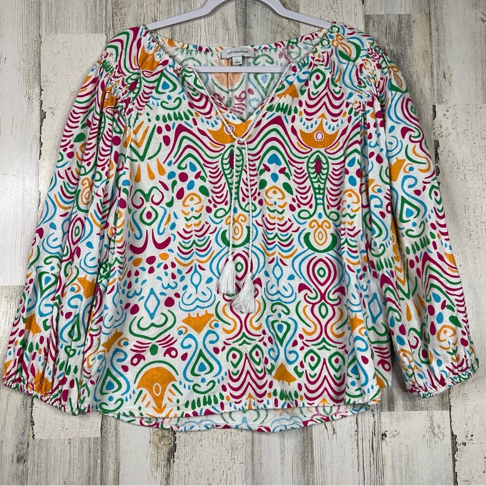 Calligraphie Linen‎ Blend Blouse Large Abstract Print Balloon 3/4 Sleeve Tassels